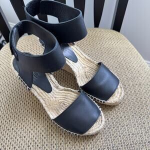 Vince Black Leather Espadrille Wedge Sandals Size 6